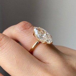 Big Marquise Cut 3.85 CT Moissanite Engagement Ring, 14k Yellow Gold Plain Band Ring, Hidden Halo Marquise Bridal Ring, Basket Set Ring.