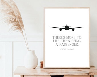 Amelia Earhart Life Quote Wall Art | Printable Black and White Aviation and Plane | Digital Download Art for Growth Mindset