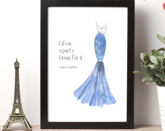 Audrey Hepburn Quote Wall Art | Watercolor Couture Dress and Positivity Gift for Self Care Mindset | Printable Art for Girls Room