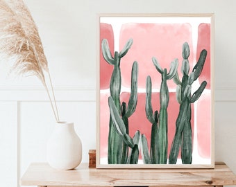 Pink Background with Cactus Printable Wall Art | Watercolor Digital Download Art for Interior Decor | Dorm Decor for College Student
