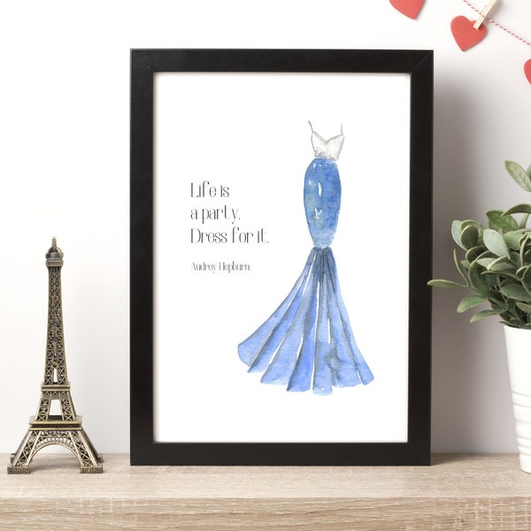 Audrey Hepburn Quote Wall Art | Watercolor Couture Dress and Positivity Gift for Self Care Mindset | Printable Art for Girls Room
