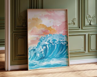 Pink Sunset with Blue Waves Printable Wall Art | Watercolor Digital Download Art for Interior Decor | Dorm Room Decor for College Student