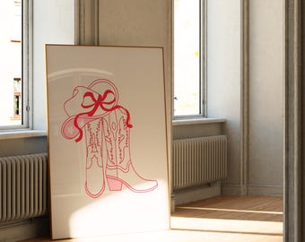 Pink Cowgirl Boots Western Wall Art | Printable Wild West Poster Art for Home or Office | Trendy Digital Download Art | Cute Bow
