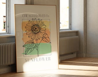 Chicago Flower Co. Sunflower Printable Wall Art | Watercolor Digital Download Art for Interior Decor | Modern and Mid Century Floral Poster