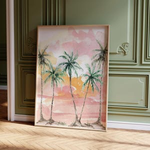 Pink Sunset with Tall Palms Printable Art | Watercolor Digital Download Art for Interior Decor | Dorm Room Decor | Palm Beach Inspiration