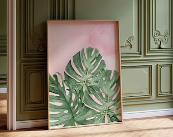 Trendy Pink Background with Monstera Plant Printable Art | Watercolor Digital Download for Interior Decor | Dorm Decor Poster