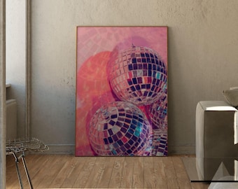 Trendy Pink Mirror Disco Ball Wall Art | Printable Fun Glimmer Art for Home or Office | Digital Download Art  Maximalist | Party Aesthetic