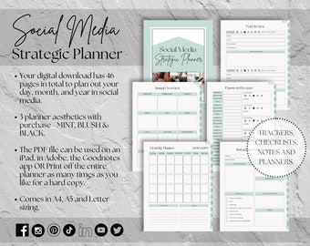 Social Media Strategic Planner | Instagram Printable Planner | Pinterest Planner | Blogger Planner | TikTok Planner| Digital Content Planner