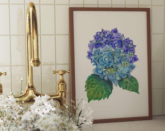 Nancy Meyers Inspired Blue Hydrangea Floral Printable Art | Watercolor Digital Download Art for Interior Decor | Kitchen Home Floral Design