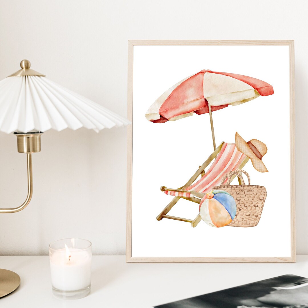Cute Beach Chair and Umbrella Printable Wall Art Watercolor - Etsy