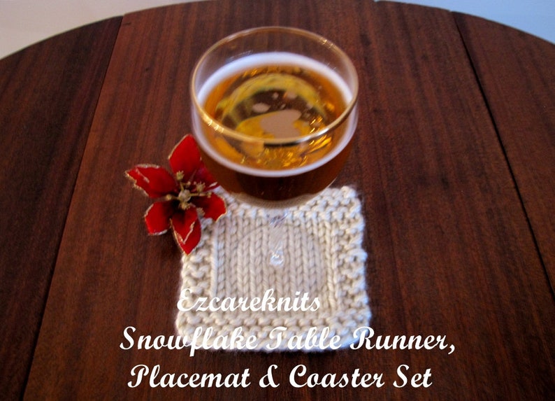 Knitting Pattern SNOWFLAKE Table Runner Placemat Coaster all in one, Hand-Knitted, Holiday Gift Set, Table Toppers, Customizable Knit image 8