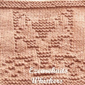 May include: A close-up of a knitted dishcloth in a light brown color with a textured pattern. The dishcloth has a square shape and is made with a simple stitch. The text "Ezcareknits Whiskers" is visible in the bottom right corner of the image.