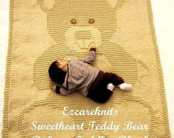 SWEETHEART TEDDY BEAR Baby ~ Toddler Blanket,  Baby blanket knitting pattern/ easy baby blanket pattern/ Binky, Blankie /crib, playtime