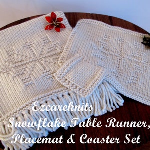 Knitting Pattern SNOWFLAKE Table Runner Placemat Coaster all in one, Hand-Knitted, Holiday Gift Set, Table Toppers, Customizable Knit image 5