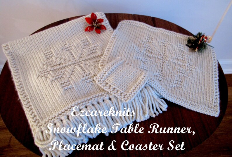 Knitting Pattern SNOWFLAKE Table Runner Placemat Coaster all in one, Hand-Knitted, Holiday Gift Set, Table Toppers, Customizable Knit image 5