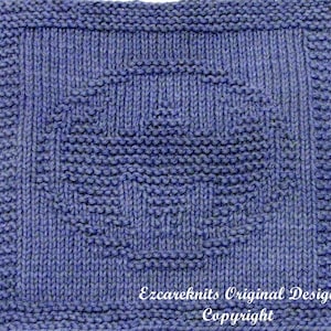 May include: A square blue knitted swatch featuring a central circular motif created with garter stitch texture against a stockinette background. The border is framed in garter stitch. The text Ezcareknits Original Design Copyright is visible.