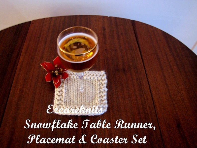 Knitting Pattern SNOWFLAKE Table Runner Placemat Coaster all in one, Hand-Knitted, Holiday Gift Set, Table Toppers, Customizable Knit image 4