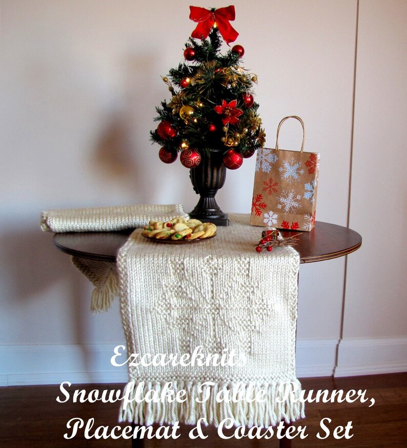 Knitting Pattern SNOWFLAKE Table Runner Placemat Coaster all in one, Hand-Knitted, Holiday Gift Set, Table Toppers, Customizable Knit image 6