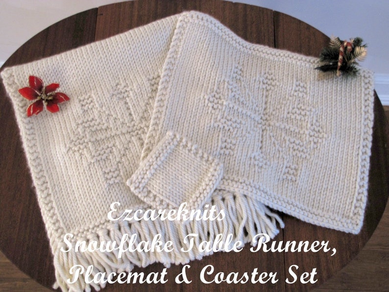 Knitting Pattern SNOWFLAKE Table Runner Placemat Coaster all in one, Hand-Knitted, Holiday Gift Set, Table Toppers, Customizable Knit image 1