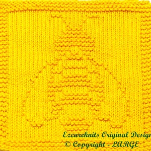May include: A bright yellow knitted dishcloth with a geometric pattern. The dishcloth is made with a simple stitch and has a textured surface. The text "Ezcareknits Original Design © Copyright - LARGE" is printed in green at the bottom of the dishcloth.