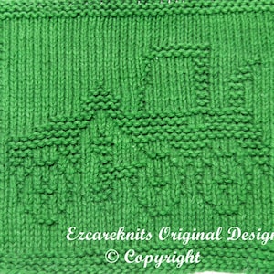 May include: Green knitted dishcloth with a woven design. The dishcloth has the text "Ezcareknits Original Design © Copyright" at the bottom.