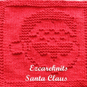 May include: Red knitted dishcloth with a Santa Claus design. The dishcloth has the text "Ezcareknits Santa Claus" in white.