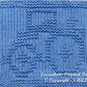 May include: A blue knitted dishcloth with a geometric pattern. The dishcloth is made with a simple stitch and has a textured surface. The text "Ezcareknits Original Design © Copyright - SMALL" is printed in white at the bottom of the dishcloth.