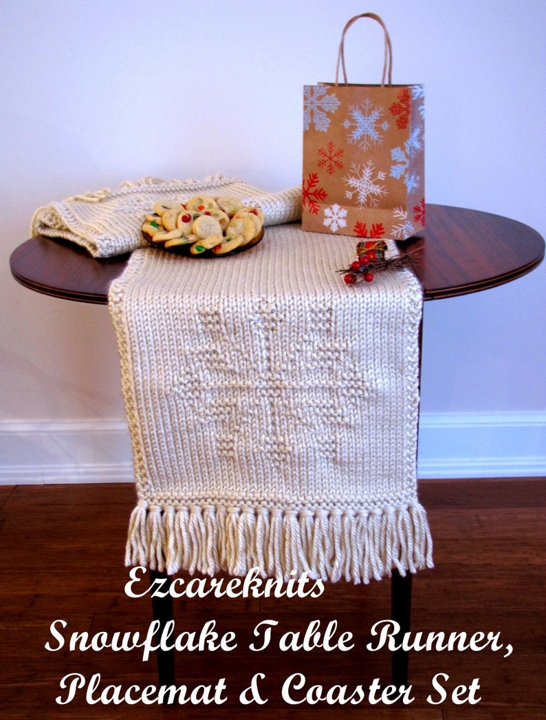 Knitting Pattern SNOWFLAKE Table Runner Placemat Coaster all in one, Hand-Knitted, Holiday Gift Set, Table Toppers, Customizable Knit image 2