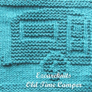 May include: Teal knitted dishcloth with a square pattern. The dishcloth has the text "Ezcareknits Old Time Camper" in white.