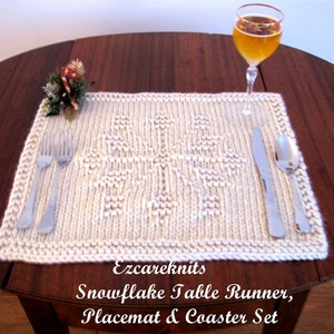 Knitting Pattern SNOWFLAKE Table Runner Placemat Coaster all in one, Hand-Knitted, Holiday Gift Set, Table Toppers, Customizable Knit image 3