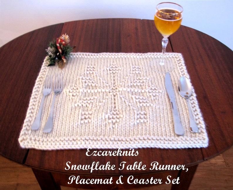 Knitting Pattern SNOWFLAKE Table Runner Placemat Coaster all in one, Hand-Knitted, Holiday Gift Set, Table Toppers, Customizable Knit image 3