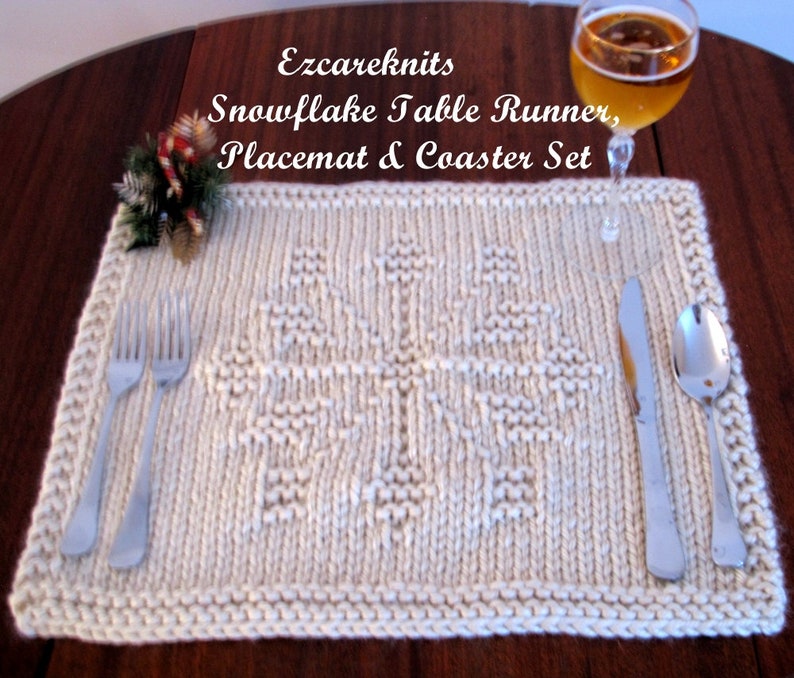 Knitting Pattern SNOWFLAKE Table Runner Placemat Coaster all in one, Hand-Knitted, Holiday Gift Set, Table Toppers, Customizable Knit image 7