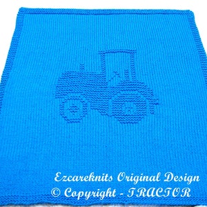 May include: A blue knitted baby blanket with a tractor design. The blanket has the text "Ezcareknits Original Design © Copyright - TRACTOR" at the bottom.