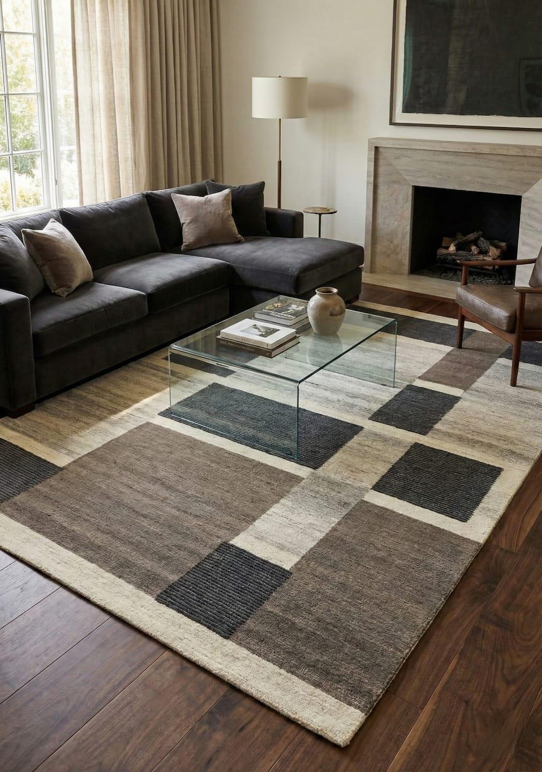 Modern Geometric Wool Rug - Neutral Color Block Area Rug - Grey & Beige ...