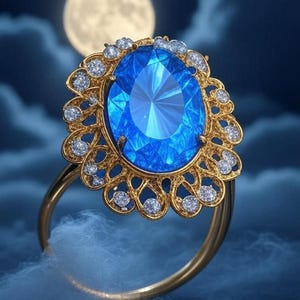 Oval Lab Blue Sapphire Engagement Ring: Moissanite, 925 Sterling Silver White Gold