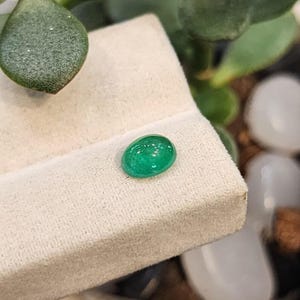 May include: A vibrant, oval-shaped emerald gemstone. The polished, deep green gem is displayed on a white, textured surface, with a blurred background of greenery and white stones. The gemstone is a focal point, showcasing its color and clarity.