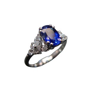 Oval Lab Sapphire Engagement Ring: Moissanite, White Gold Sterling Silver