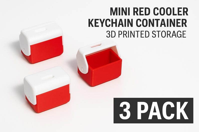 May include: Miniature red and white cooler keychain containers. The 3D-printed storage containers have a rectangular shape with a white lid and a red base. The text on the image reads "MINI RED COOLER KEYCHAIN CONTAINER 3D PRINTED STORAGE" and "3 PACK".