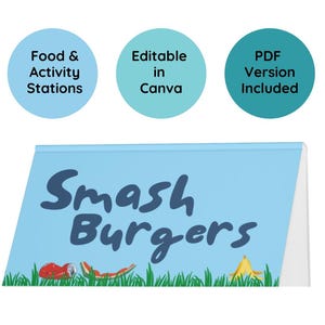 Cartes modifiables de tente Trash Bash | 19 étiquettes imprimables pour aliments et activités | Cartes pliables de 3,5 x 4 pouces | Modèle de toile | Décoration de fête camion