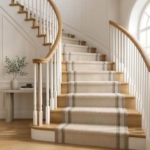 May include: A curved staircase featuring light beige carpet runners with two vertical gray stripes running down the center. The stairs have natural wood treads and white balusters with a matching curved wooden handrail on both sides.