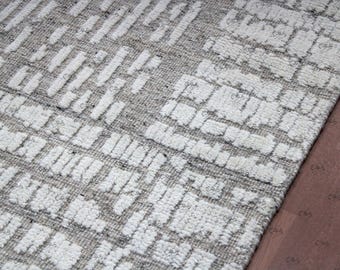 Alfombra de lana anudada a mano, alfombra geométrica abstracta gris marfil, alfombra moderna texturizada para sala de estar.