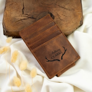 Portemonnee hertengewei, gepersonaliseerde kaarthouder, jachtcadeau voor hem, magnetische geldclip, rustieke slanke portemonnee, leren cadeau, gepersonaliseerd cadeau