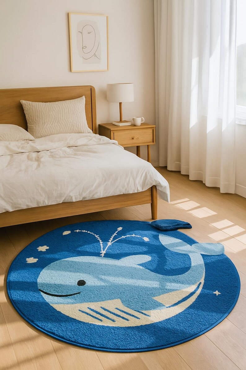 Hand Tufted Blue Whale Round Rug: Playful Outdoor Patio Mat, Kids ...