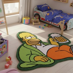 Puede incluir: Un dormitorio infantil colorido con una alfombra con la forma de Homer Simpson sosteniendo una cerveza. La habitación incluye una cama con forma de coche con ropa de cama azul, un caballete de madera y varios juguetes.