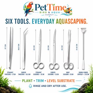 May include: A set of six stainless steel aquascaping tools including straight tweezers (27 cm), curved tweezers (26.5 cm), straight scissors (25 cm), curved scissors (25 cm), wave scissors (25 cm), and a double-ended spatula (31.8 cm).