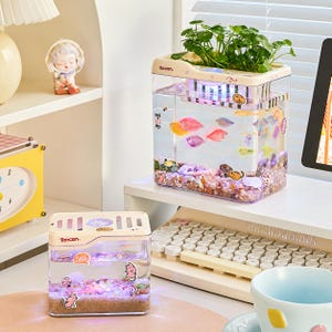 Puede incluir: Dos acuarios rectangulares de plástico transparente con tapas de color crema e iluminación LED. El tanque más grande cuenta con una jardinera superior con follaje verde, peces artificiales coloridos y guijarros decorativos. Ambos muestran la marca TONCEN.