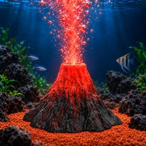 May include: A conical aquarium volcano ornament with a textured black base and a glowing red crater. A vertical stream of bright red bubbles erupts from the top, surrounded by dark volcanic rocks, red gravel, and small tropical fish.