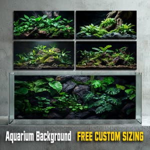 May include: An aquarium background featuring a high-resolution print of lush green tropical foliage, including monstera leaves and mossy rocks. The design displays dense vegetation against dark stone textures, creating a deep, naturalistic underwater scene.