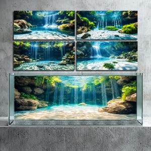 May include: A rectangular glass aquarium tank featuring a high-resolution panoramic background print of a lush tropical waterfall cascading into a clear, shallow pool with sandy bottom, rocky formations, and vibrant green aquatic vegetation.