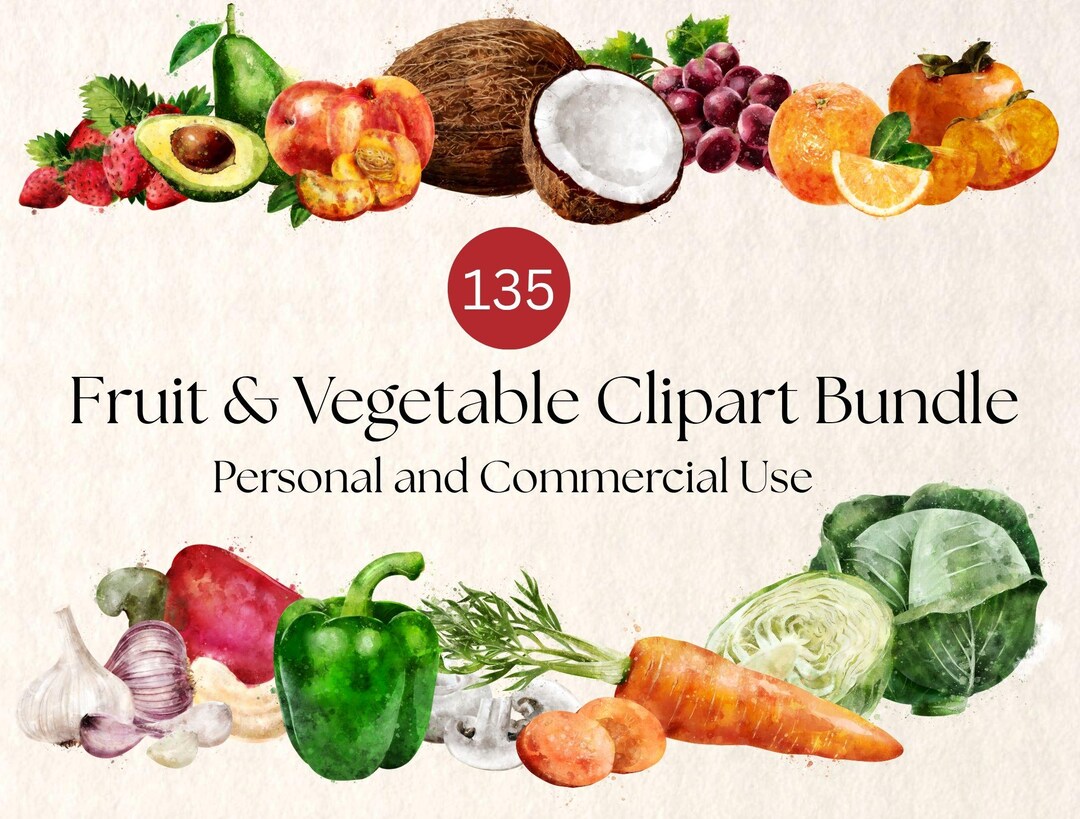 135 Hand-painted Watercolor Fruit Vegetable Clipart Bundle, PNG ...